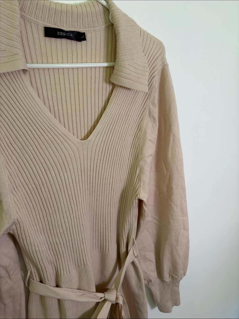 Ribbed V-Neck Belted Long Sleeve Dress in Beige - Picture 3 of 9